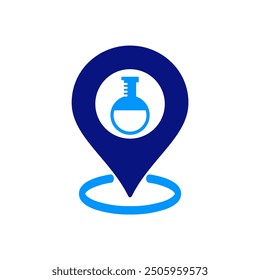 Laboratory flask inside a location marker, representing lab research centers, blue color scheme, simple modern design, clean shapes, research location, lab icon, minimalistic, scientific work.