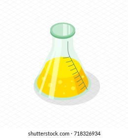 Laboratory flask isolated isometric vector illustration on square checkered background. Icon of glassware with wide base containing yellow liquid