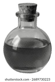 laboratory flask isolated retro grunge halftone dotted texture cut-out collage element for mixed media design narrow neck round bottom sealed stopper with cork filled dark liquid witch potion