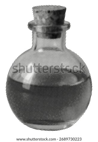 laboratory flask isolated retro grunge halftone dotted texture cut-out collage element for mixed media design narrow neck round bottom sealed stopper with cork filled dark liquid witch potion