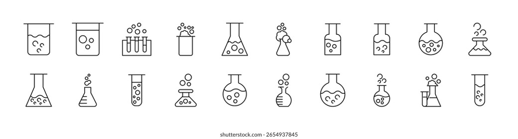 Coleção de Ícones de Linha de Frasco de Laboratório. Outline Signs para Gráficos e Web Design, Apps, Anúncios, Vários Cartões