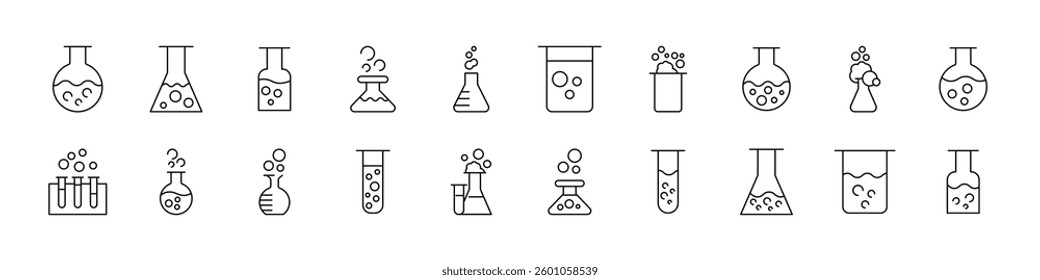 Laboratory Flask Line Icon Set. Outline Signs for Graphic and Web Design, Apps, Adverts, Various Cards