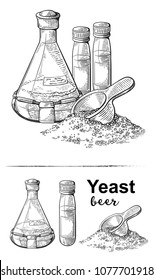 Laboratory Flask With Liquid, Brewer Yeast, Scoop With Dry Yeast Vector Illustration