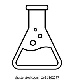 Laboratory flask with liquid and bubbles vector icon. Black outline chemistry beaker symbol for science, research, or education design.