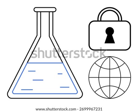Laboratory flask with liquid, security padlock, and globe outline. Ideal for scientific research, data protection, cybersecurity, global networks, education communication innovation concepts. Line