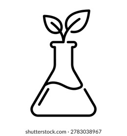 Laboratory flask with liquid and a small plant growing from it, representing biotechnology or science, conical flask