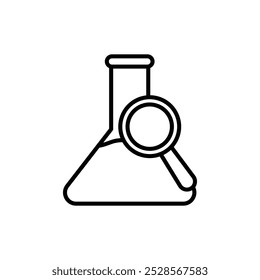 Laboratory flask with a magnifying glass, symbolizing scientific research or chemical analysis.