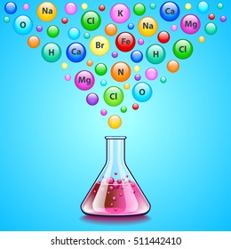 Laboratory flask and many bubbles with chemical elements falling into it