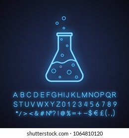 Laboratory flask neon light icon. Chemical vessel. Glowing sign with alphabet, numbers and symbols. Vector isolated illustration