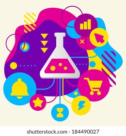 Laboratory flask on abstract colorful spotted background with different icons and elements. Flat design