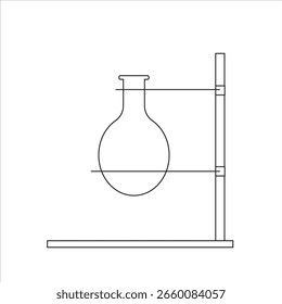 Frasco de laboratorio en soporte, equipo científico, instalación de cristalería química, experimento de laboratorio