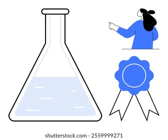 Laboratory flask partially filled with liquid, a woman pointing upward, and an award ribbon indicating achievement. Ideal for education, scientific research, academic excellence, lab research