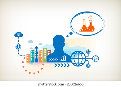 Laboratory flask and person with bubbles for dialogue. Think and decide.