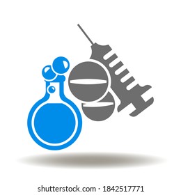 Laboratory Flask With Pills And Syringe Icon Vector. Experimental Treatment Symbol. Drugs Vaccine Development Lab Research Sign.