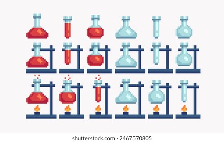 Laborflasche Pixel Art Set. In: Chemistry, Biological Glass Kollektion. Chemische Reaktion des Brenners 8 Bit. Spieleentwicklung, mobiles App. Isolierte Vektorillustration. 