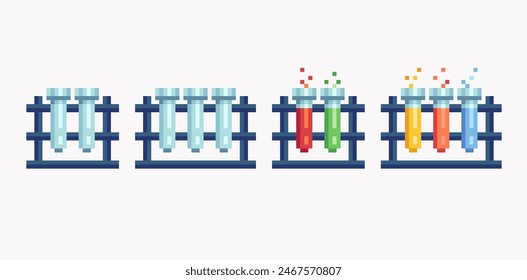 Laboratory flask pixel art set. Chemistry, biological glassware collection. Burner chemical reaction 8 bit. Game development, mobile app. Isolated vector illustration. 