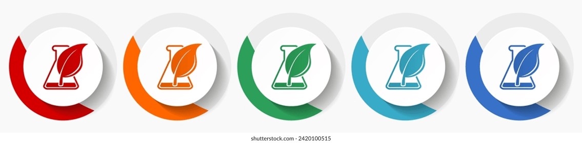 Laboratory flask with plant vector icon set, flat icons for logo design, webdesign and mobile applications, colorful round buttons