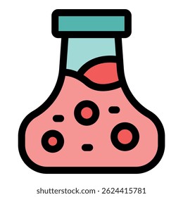 Frasco de laboratório com líquido vermelho e bolhas, sugerindo uma experiência científica ou reação química