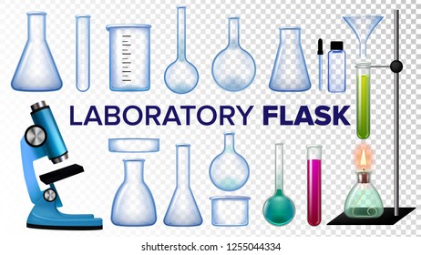 Laboratory Flask Set Vector. Chemical Glass. Beaker, Test-tubes, Microscope. Empty Equipment For Chemistry Experiments. Isolated Realistic Transparent Illustration
