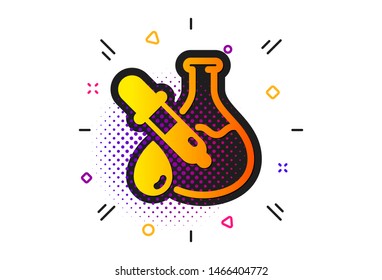 Laboratory flask sign. Halftone circles pattern. Chemistry experiment icon. Analysis pipette symbol. Classic flat chemistry experiment icon. Vector