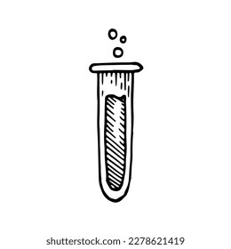 Laboratory flask sketch. Chemical experiments line art. Test tube with liquid. Hand drawn doodle vector illustration.