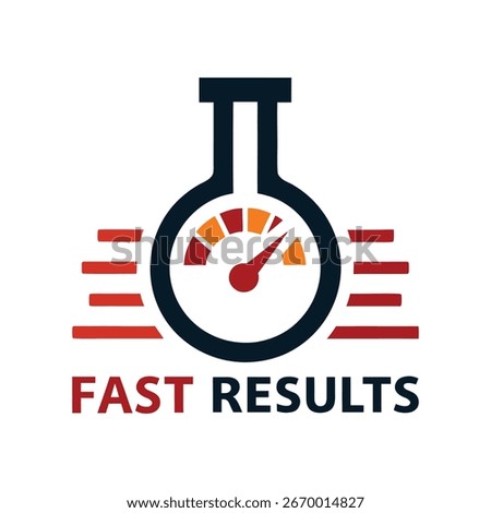Laboratory flask with speedometer gauge and red horizontal lines with text F A S T R E S U L T S