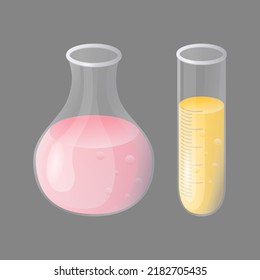 Laboratory flask and test tube with liquid for laboratory research. Medical equipment. Scientific glassware. Chemical laboratory research. Vector illustration.