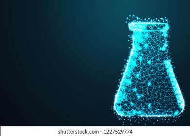 Laboratory flask, test tube,with crumbled edge on blue night sky with dots, stars and looks like constellation, illustration