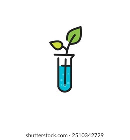  Frasco de laboratorio o tubo de ensayo con ícono de Vector de planta, ilustración de diseño plano de concepto de biotecnología. Icono de tubo de ensayo de planta OGM. Imagen de Vector de contorno simple