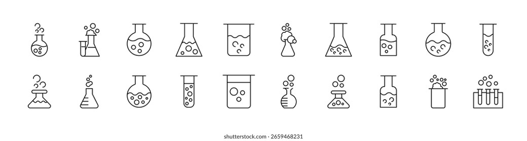 Laboratory Flask Thin Line Icon Set. Outline Signs for Graphic and Web Design, Apps, Adverts, Various Cards