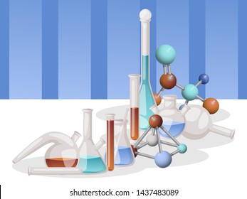 Laboratory flasks banner vector illustration. Different laboratory glassware and liquid for analysis, test tubes with liquid of different colors, molecule. Chemical experiments.