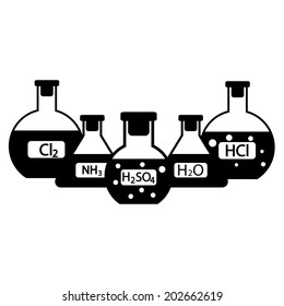 Laboratory flasks with chemicals on white background. Vector illustration.