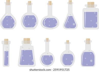 Laboratory Flasks With Colorful Liquids. Glass Containers For Mixing, Heating, Cooling, And Storing Chemical Solutions