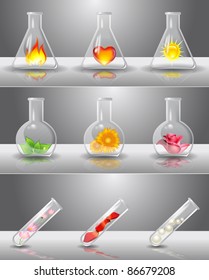Laboratory flasks with different things inside
