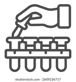 Laboratory flasks and hand with pipette line icon, pharmacy concept. Vector graphics. Medical experiment, medical test sign on white background, outline style icon for mobile or web design