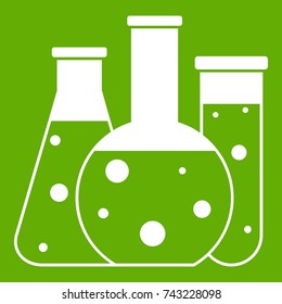 Laboratory flasks icon white isolated on green background. Vector illustration