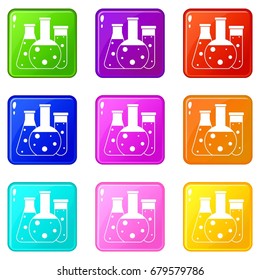 Laboratory flasks icons of 9 color set isolated vector illustration