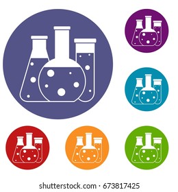 Laboratory flasks icons set in flat circle reb, blue and green color for web