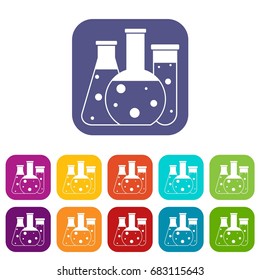 Laboratory flasks icons set vector illustration in flat style in colors red, blue, green, and other