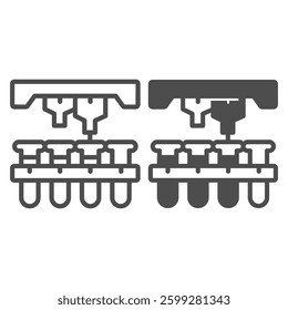 Laboratory flasks on conveyor and two liquid taps line and solid icon, pharmacy concept. Vector graphics. Flasks glass and faucet sign on white background, outline style icon for mobile or web design