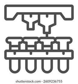 Laboratory flasks on conveyor and two liquid taps line icon, pharmacy concept. Vector graphics. Flasks glass and faucet sign on white background, outline style icon for mobile or web design