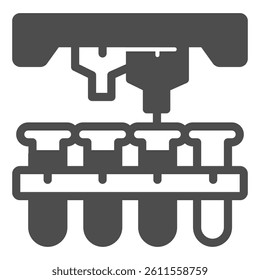 Laboratory flasks on conveyor and two liquid taps solid icon, pharmacy concept. Vector graphics. Flasks glass and faucet sign on white background, glyph style icon for mobile or web design