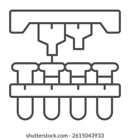 Laboratory flasks on conveyor and two liquid taps thin line icon, pharmacy concept. Vector graphics. Flasks glass and faucet sign on white background, outline style icon for mobile or web design