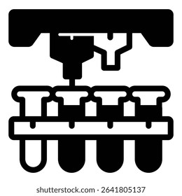 Laboratory flasks on conveyor and two liquid taps solid icon, pharmacy concept. Vector graphics. Flasks glass and faucet sign on white background, style mobile or design