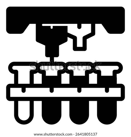 Laboratory flasks on conveyor and two liquid taps solid icon, pharmacy concept. Vector graphics. Flasks glass and faucet sign on white background, style mobile or design