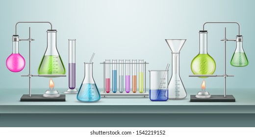 Laboratory flasks with pipes. Chemical or chemistry lab with tubes and heating fire. School experiment. Glassware connected containers for reaction. Biology test and education table, pharmacy,medicine