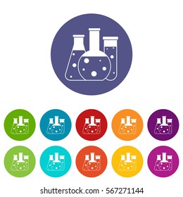 Laboratory flasks set icons in different colors isolated on white background