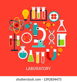 Laboratory Flat Concept. Poster Design Vector Illustration. Set of Science Objects.
