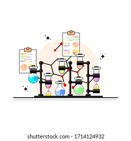 laboratory flat design with seven test tube and two document