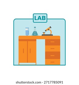 Conjunto de ícones planos de laboratório incluindo microscópio, tubo de ensaio, frasco de química, mesa e sala. Design vetorial limpo para ciência, educação, pesquisa, laboratórios, aplicativos, interface do usuário e sites.